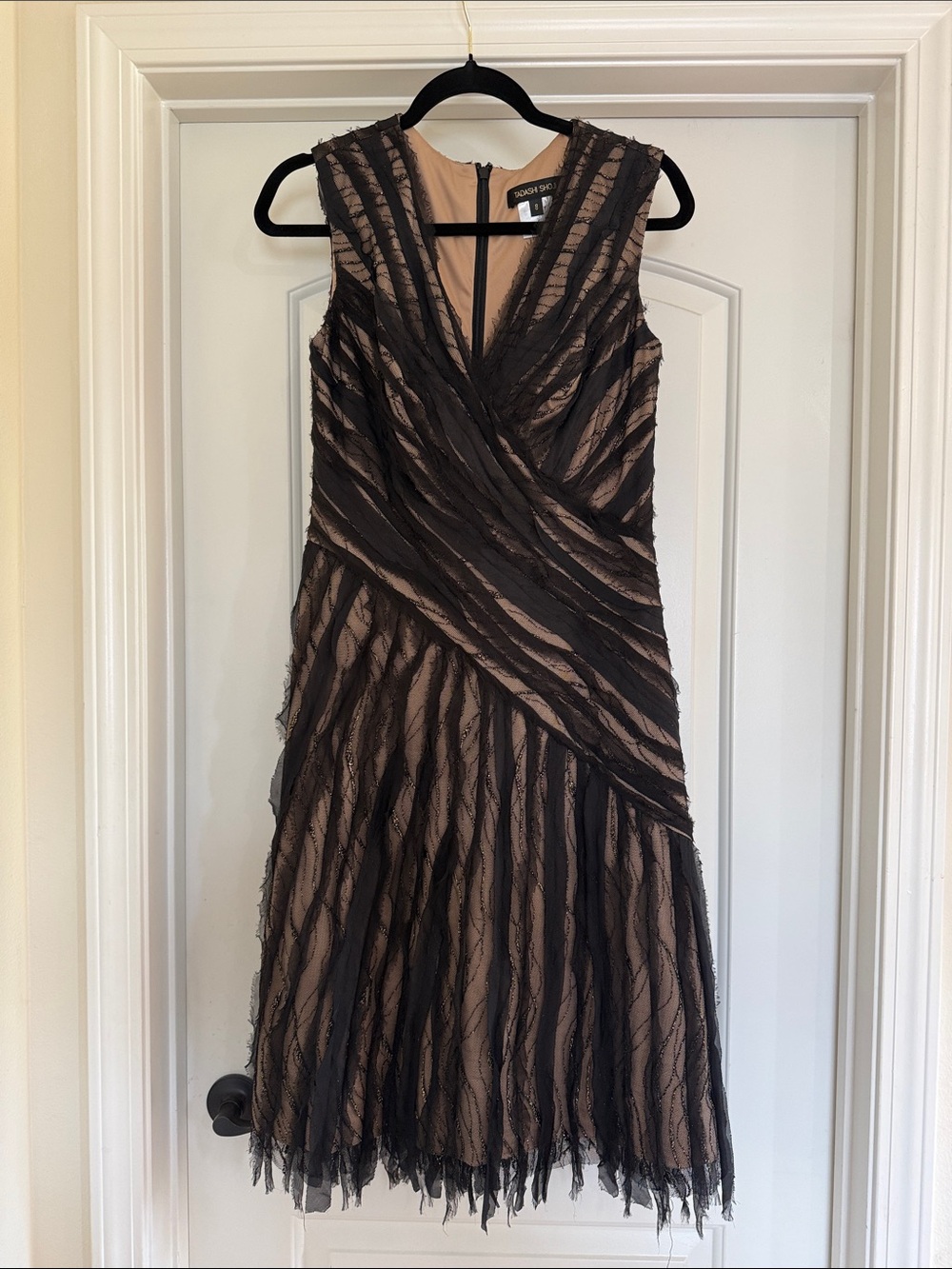 Tadashi Shoji Black and Nude Layered V-Neck Midi Dress